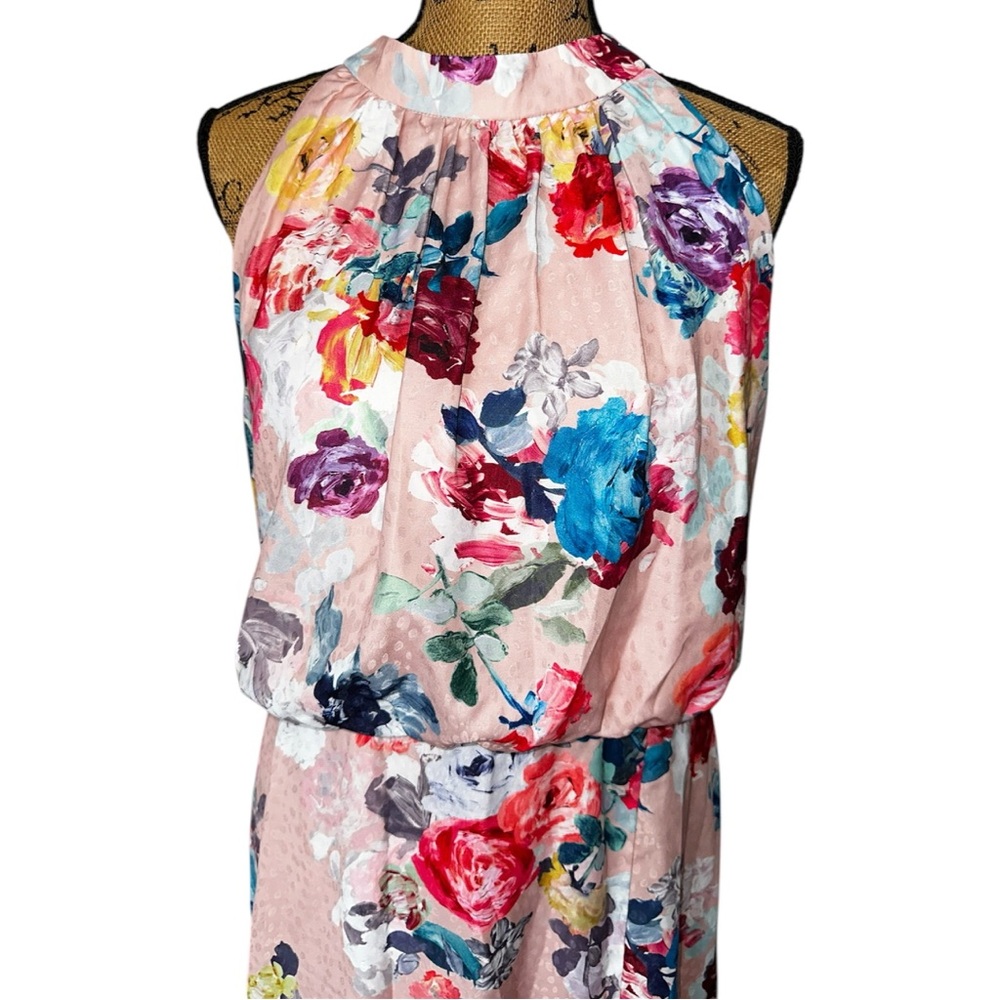 Adrianna Papell Dress Size 16 Blush Pink Floral Print Satin Jacquard Halter Gown - Picture 5 of 16